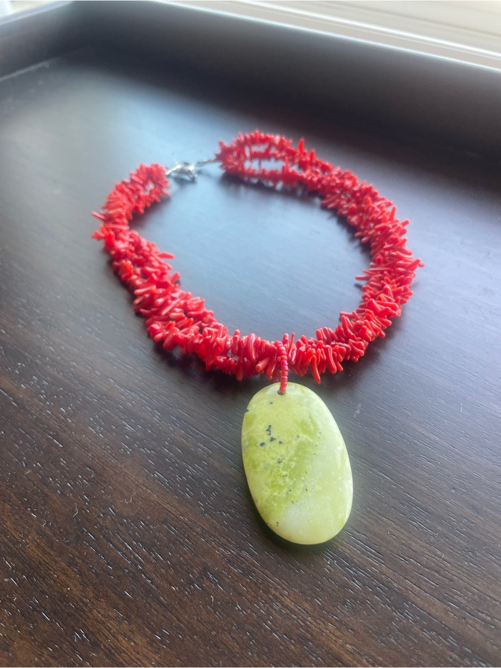 Vintage Red Coral Chip Necklace with Green Stone Pendant - Picture 3 of 4